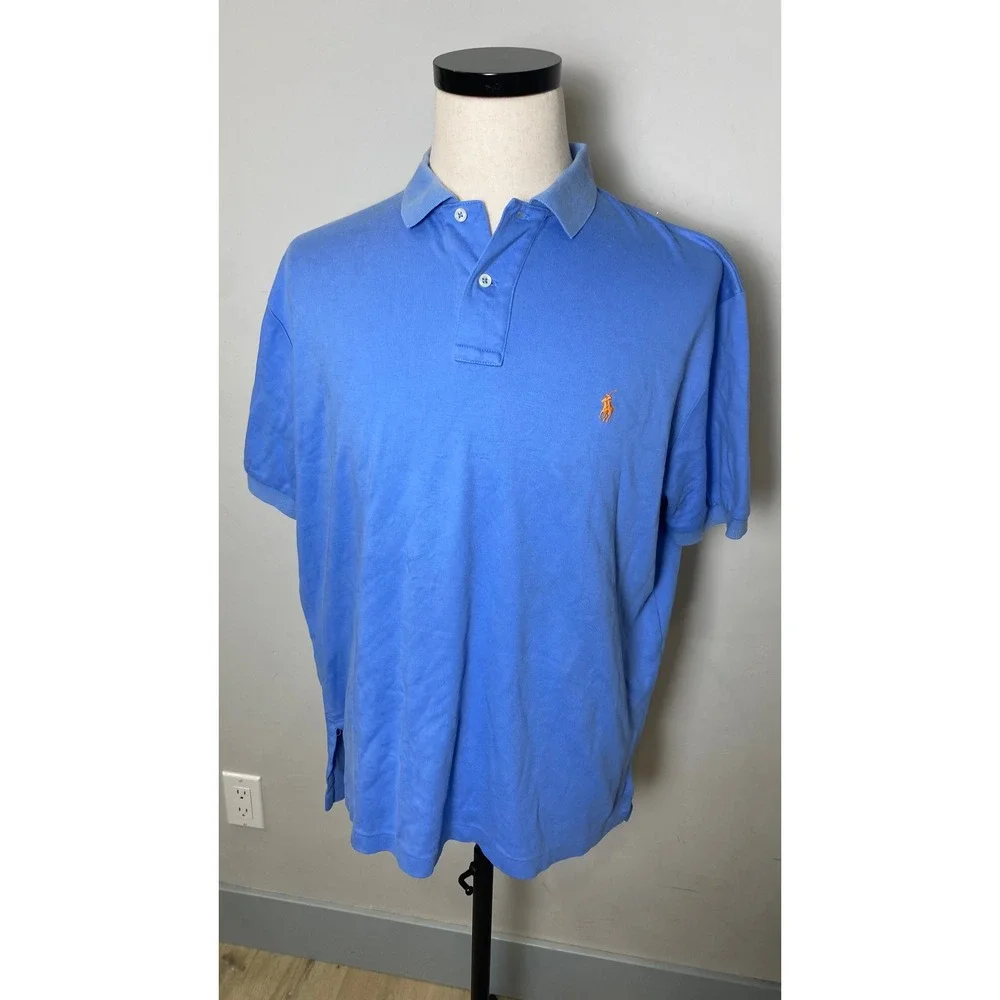 Polo Ralph Lauren Mens Large Blue Short Sleeve Cotton Polo Shirt Orange Pony